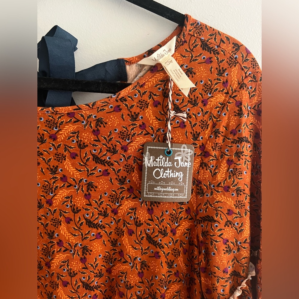 Matilda Jane Floral Tiered Babydoll Top Large Burnt Orange Tie Back - Picture 3 of 4